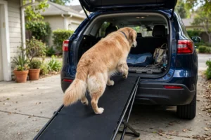Senior dog afraid to get in car walking up a black folding pet ramp into the open rear of an SUV in a driveway