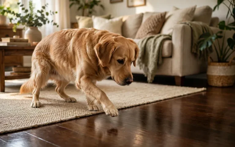 Dog afraid of slippery floors: hesitant golden retriever standing on a rug at the edge of glossy dark hardwood flooring, one paw lifted tentatively