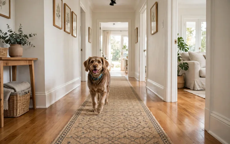 Home hallway with polished hardwood floors covered by a continuous path of non-slip runner rugs, a dog walking confidently along the rug track