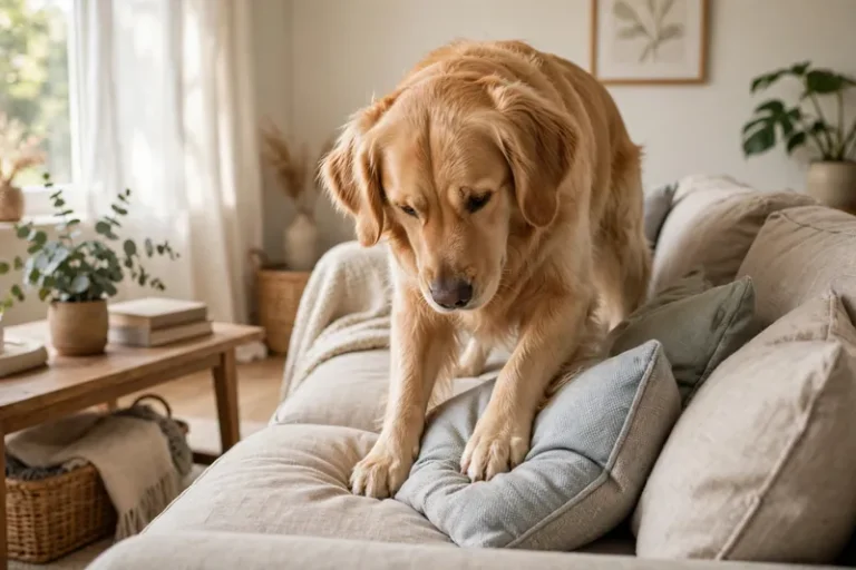 dog digging in the couch