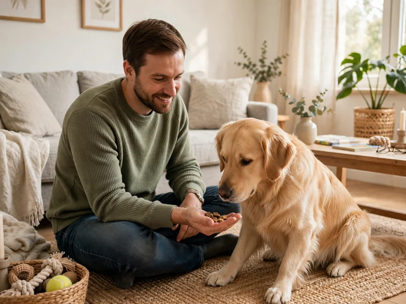 Man offering treats to a golden retriever during trust-building for a dog that growls at husband