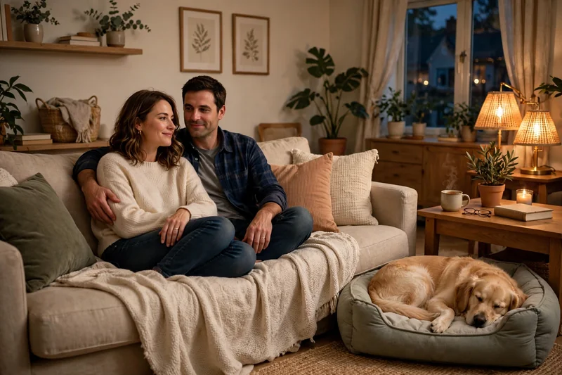 Relaxed couple on a sofa with their golden retriever sleeping peacefully — the goal after fixing dog growls at husband behavior