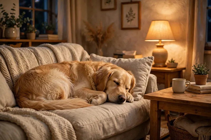Dog growls when moved off couch: calm golden retriever resting asleep on a cozy couch in a warm living room