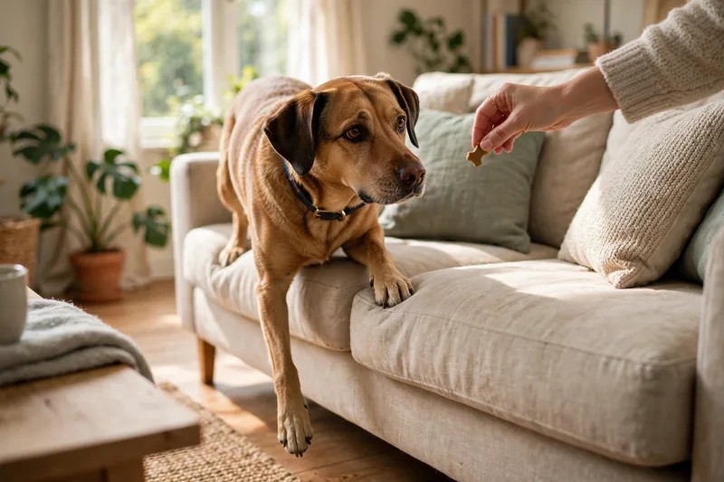 Dog growls when moved off couch: owner gently luring a dog off the couch with a treat held near its nose