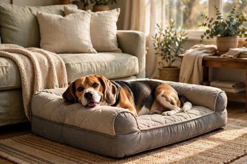 Happy beagle lying relaxed on its own plush orthopedic dog bed, an alternative for a dog that growls when moved off couch