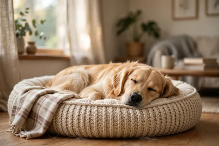A dog growls when woken up: golden retriever sleeping peacefully on a round dog bed in a warm living room with soft morning daylight
