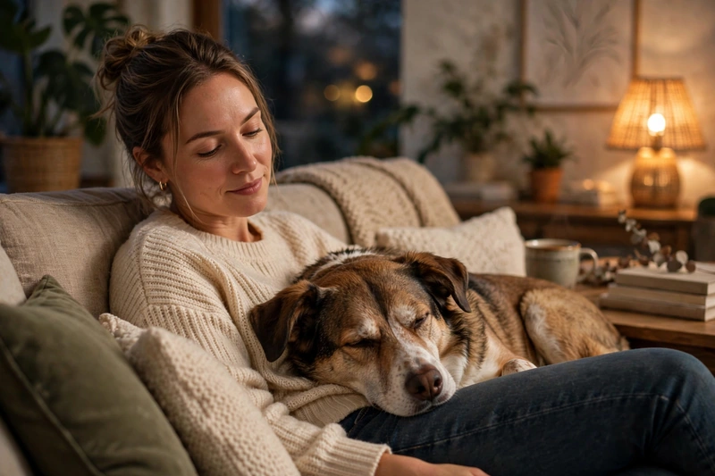 Dog growls when spouse comes near: woman relaxing on a cozy couch with a calm medium-sized dog resting its head on her lap in warm evening lamplight