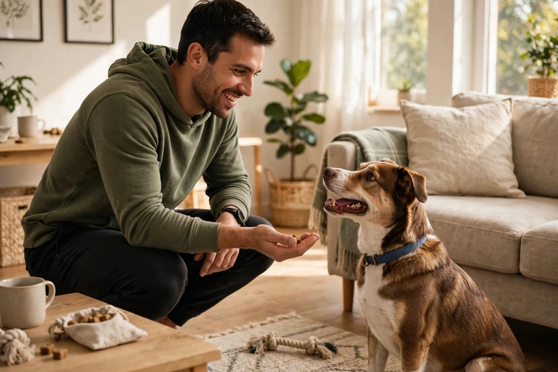 Dog growls when spouse comes near: smiling man crouching at a dog's level indoors, offering a training treat from his open hand to a happy sitting dog