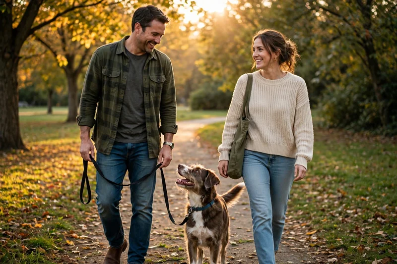 Couple walking together with their medium-sized dog on a loose leash in golden afternoon light, rebuilding trust after dog growling at spouse