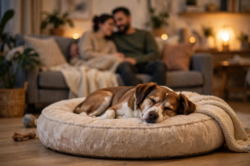 Dog growls when spouse comes near: medium-sized dog resting calmly on its own plush round dog bed while a couple relaxes together on the couch behind it