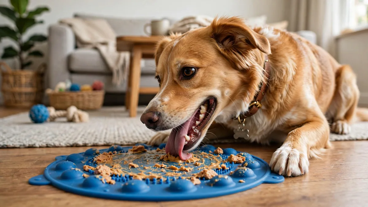 a dog using a lick mat, a healthy outlet to stop excessive licking of people