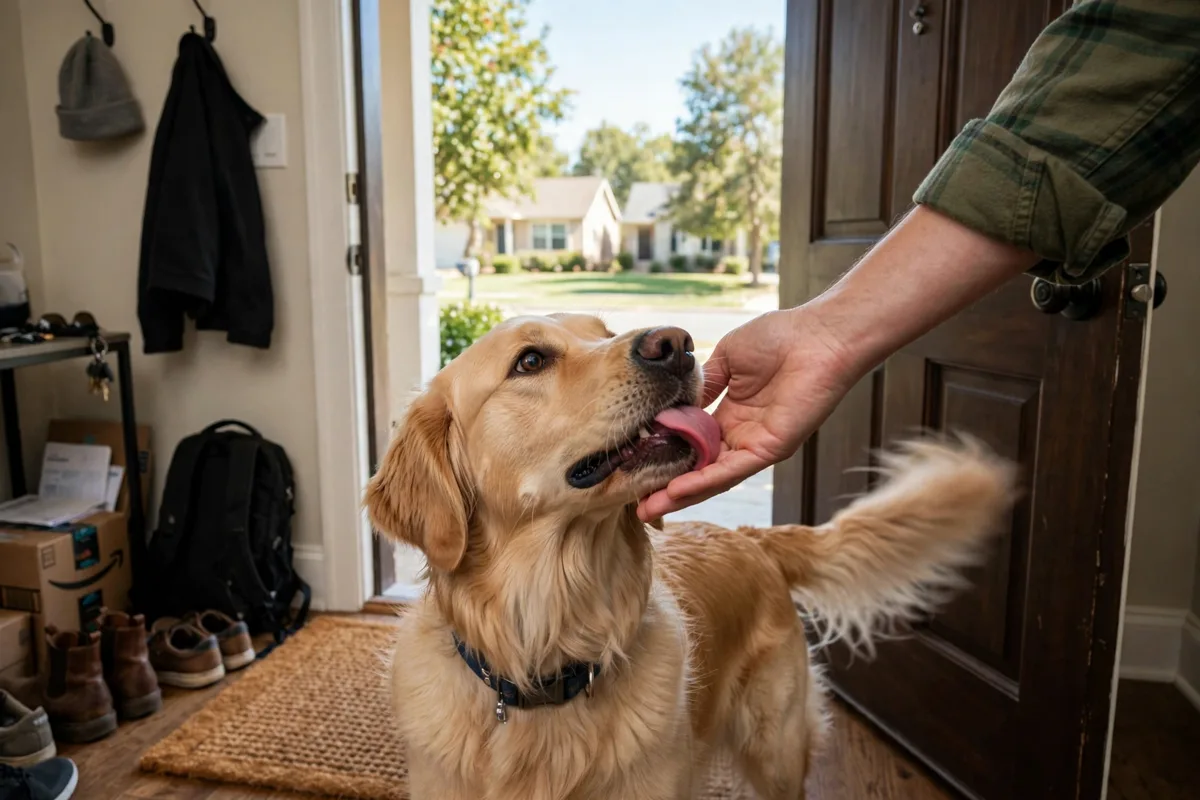 a dog licking its owners hand in greeting at the front door