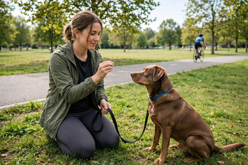 Owner training a leashed dog on grass beside a running path, keeping distance from a passing cyclist while rewarding calm focus
