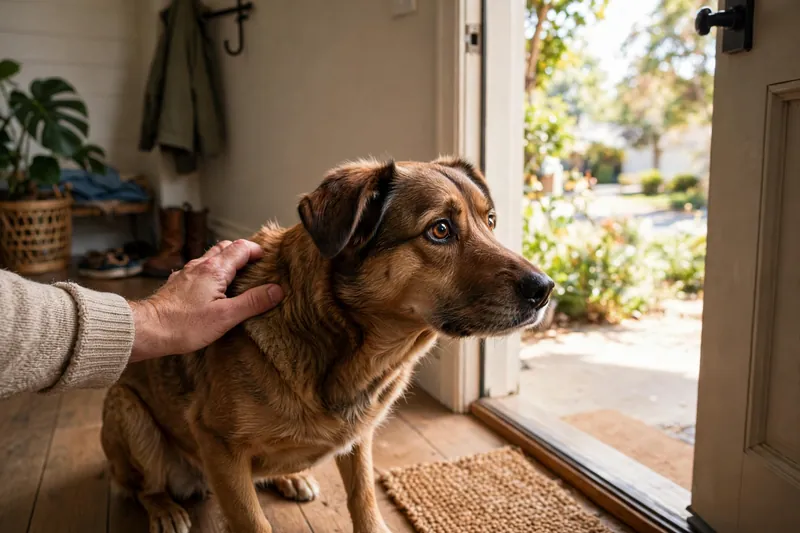 Nervous brown mixed-breed dog hesitating at an open front door, ears back, with an owner's reassuring hand on its shoulder in warm daylight