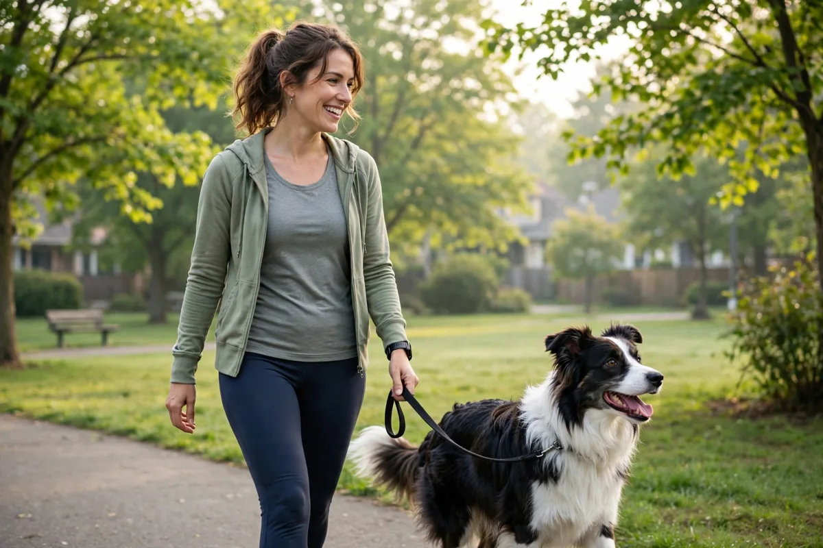 woman enjoying a daily dog walk, one of the exercise benefits of having pets at home