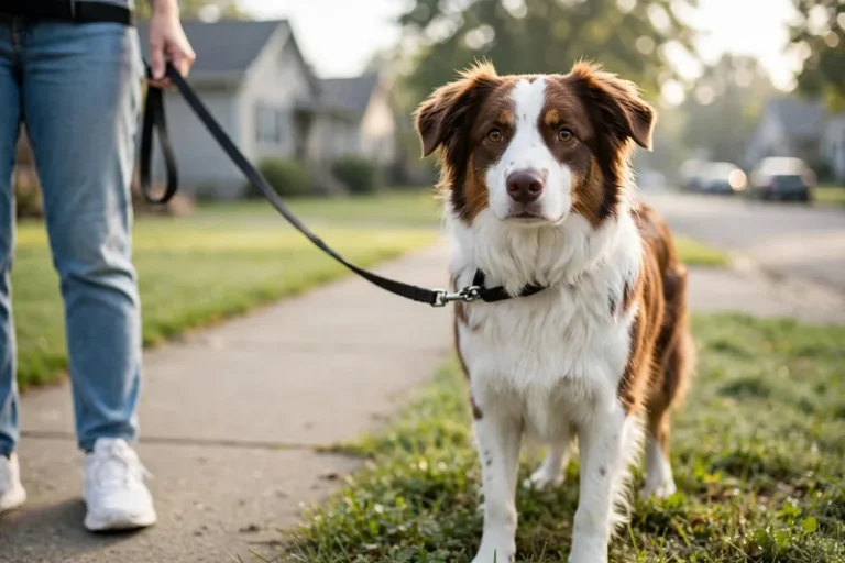 Brown-and-white dog on a leash pausing beside a grassy sidewalk on a neighborhood walk — help for when a dog won't poop on walks