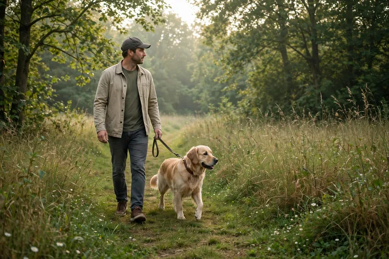 Why a dog won't poop on walks: a calm leashed dog exploring a quiet, secluded grassy park path with tall grass and trees