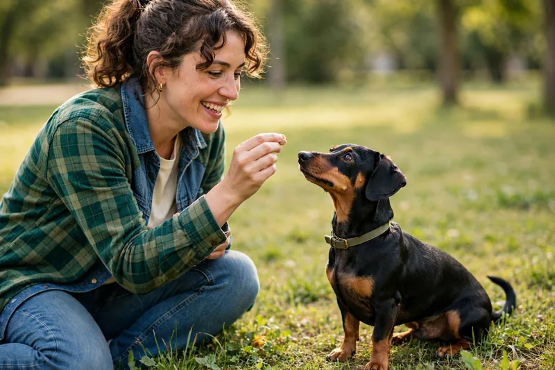 Owner happily rewarding a small black-and-tan dog with a treat outdoors on grass for pooping on a walk