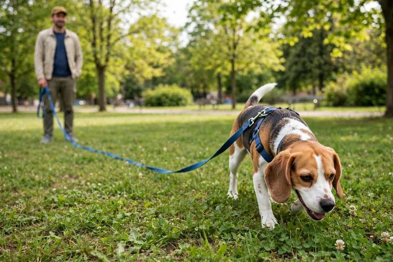 Happy dog on a long training line sniffing green grass in a quiet park, with the owner holding the line loosely at a distance