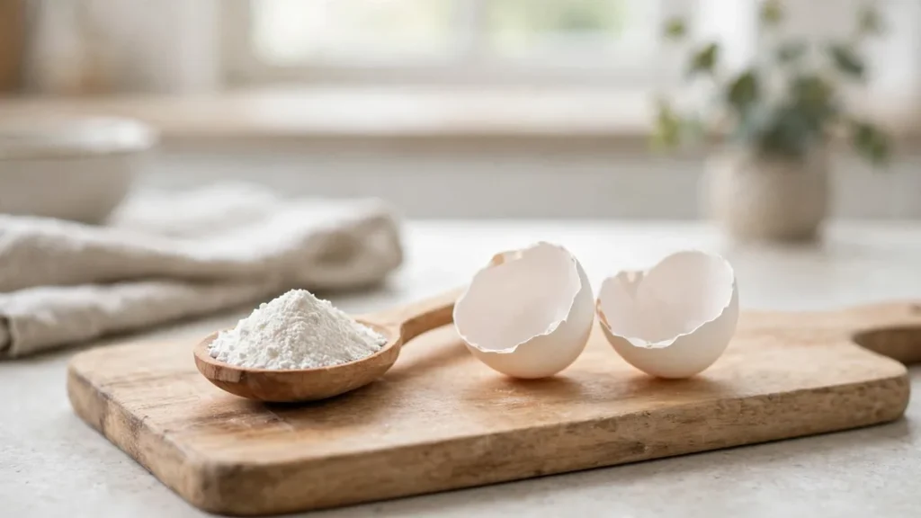 finely ground eggshell powder for dogs next to dried eggshells, a natural calcium source