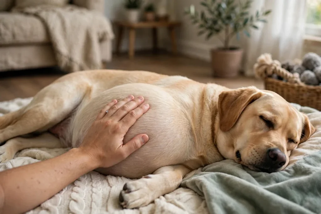 an owner gently feeling puppies move in a pregnant dogs belly