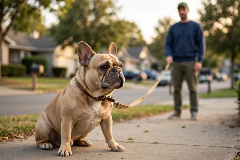 Fawn French Bulldog refuses to walk, sitting planted on a sidewalk mid-walk with a patient owner holding the loose leash nearby