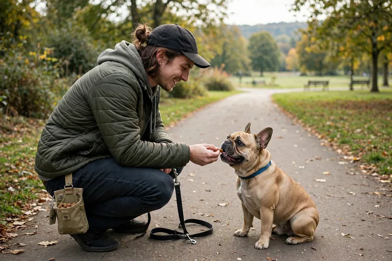 Owner crouching on a park path hand-feeding a training treat to a sitting fawn French Bulldog as a reward during a walk