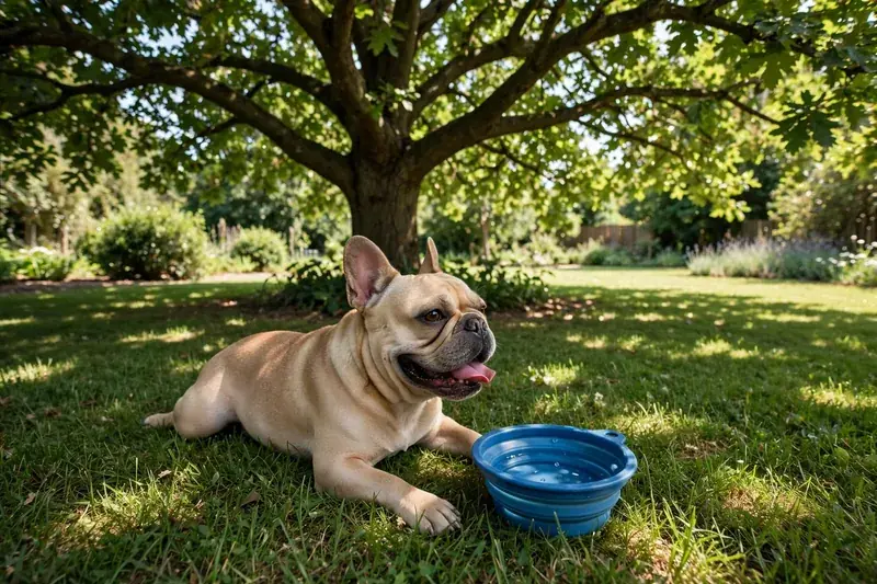 Fawn French Bulldog refuses to walk in the heat, resting in cool shade under a tree beside a blue collapsible water bowl