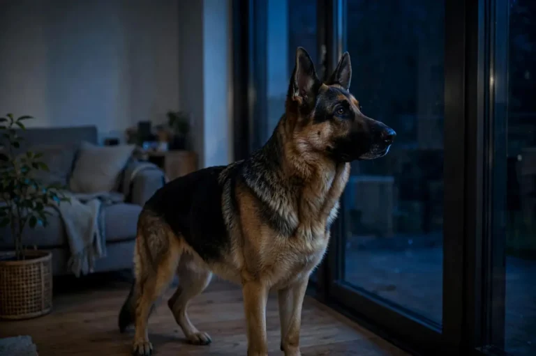 German Shepherd barking at night by the window