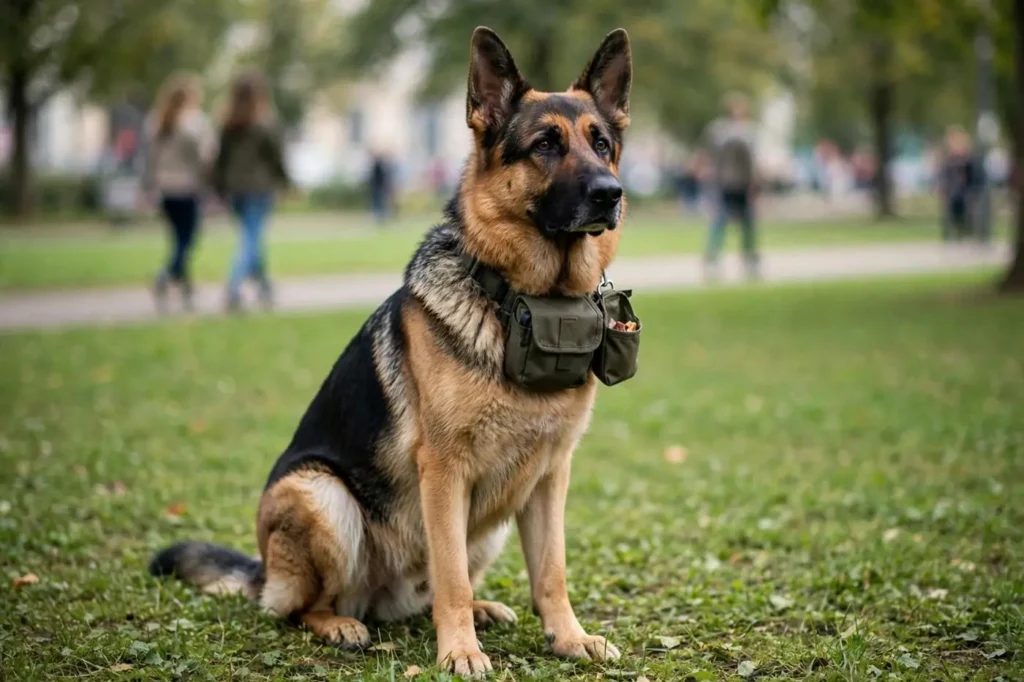 German Shepherd practicing calm behavior at a distance from strangers