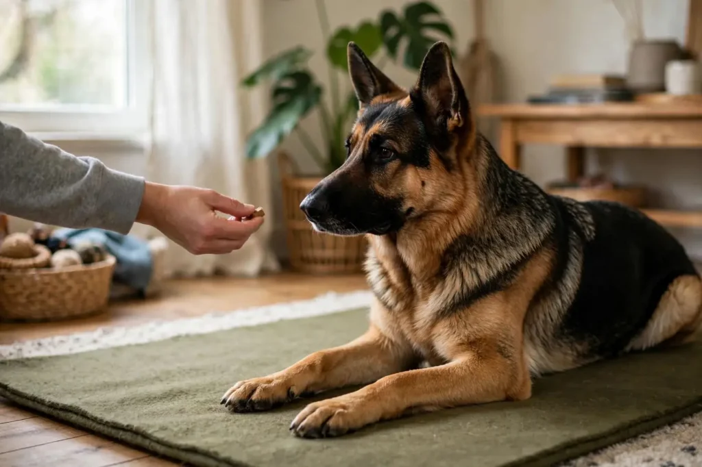 Rewarding a German Shepherd for calm behavior on its mat