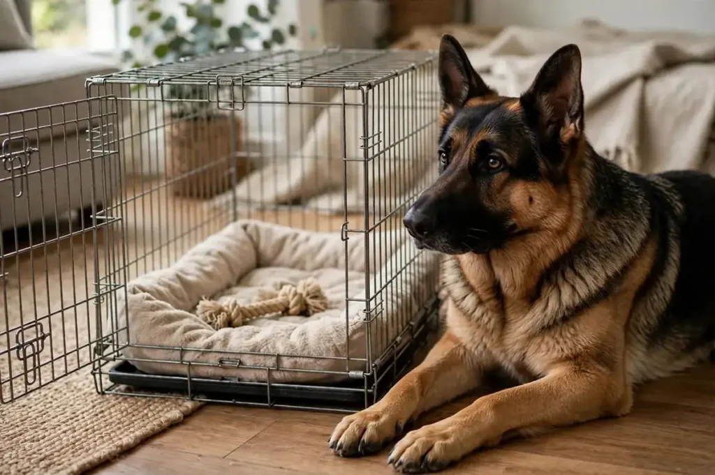 Comfortable crate setup for German Shepherd crate training