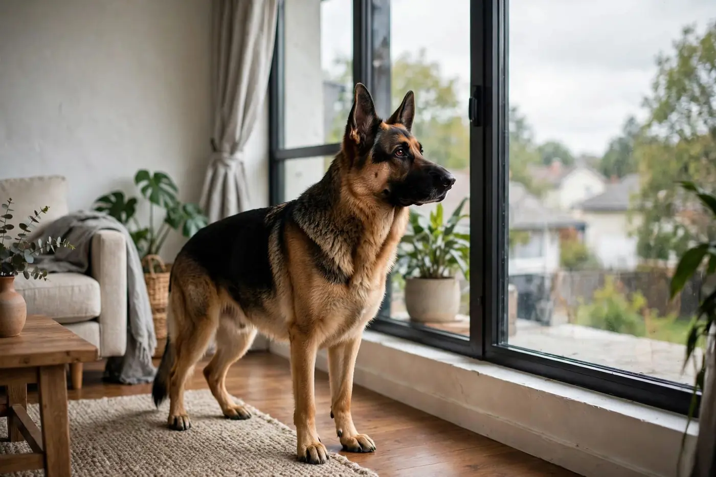 German Shepherd home alone looking out the window