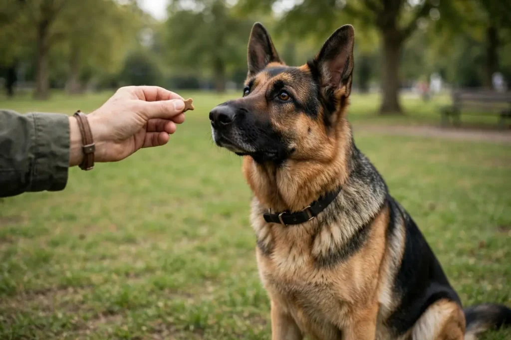 Owner rewarding a German Shepherd with a treat during positive training