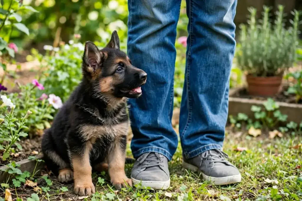 German Shepherd puppy learning with its owner