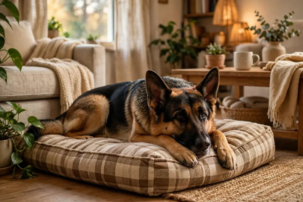 German Shepherd resting calmly on a dog bed at home