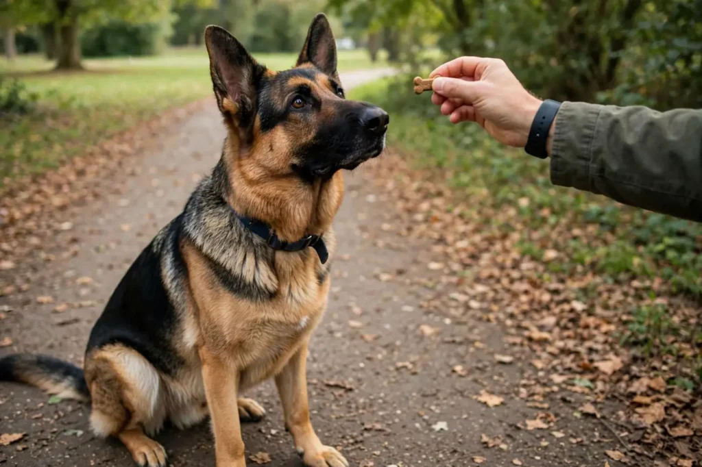 Training a German Shepherd with treats on a walk