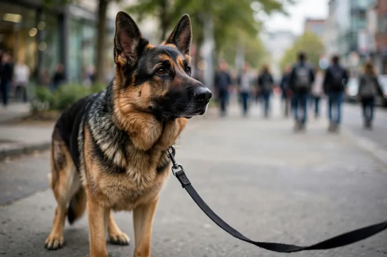 German Shepherd on a leash walk reacting to strangers