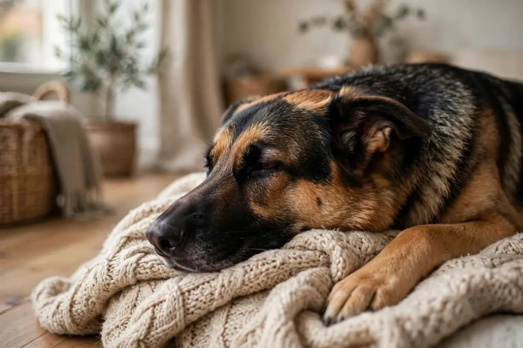 German Shepherd resting peacefully at night