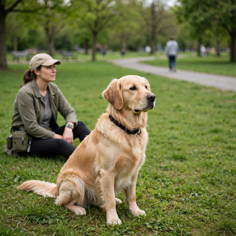 Owner keeping distance from a stranger while Golden Retriever stays calm
