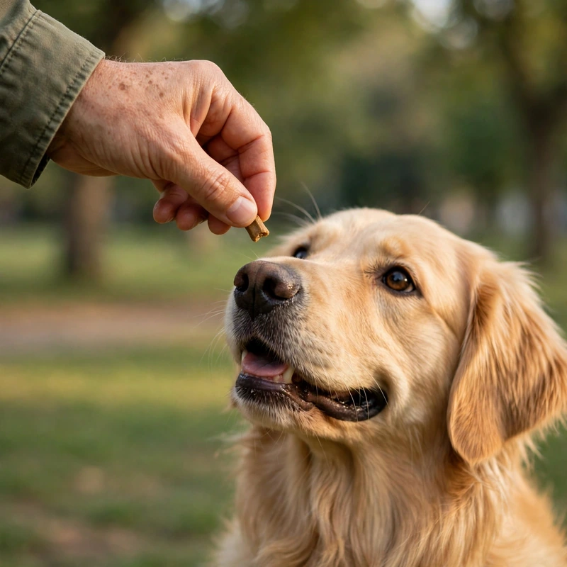 Owner rewarding Golden Retriever with a treat for calm behavior around strangers