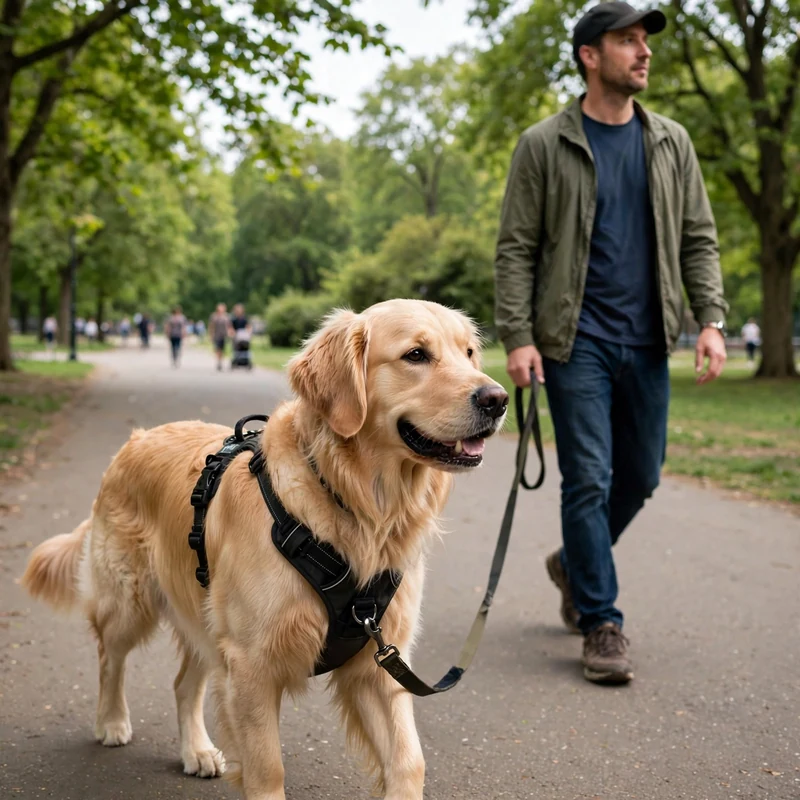 Golden Retriever barking at a stranger during a walk