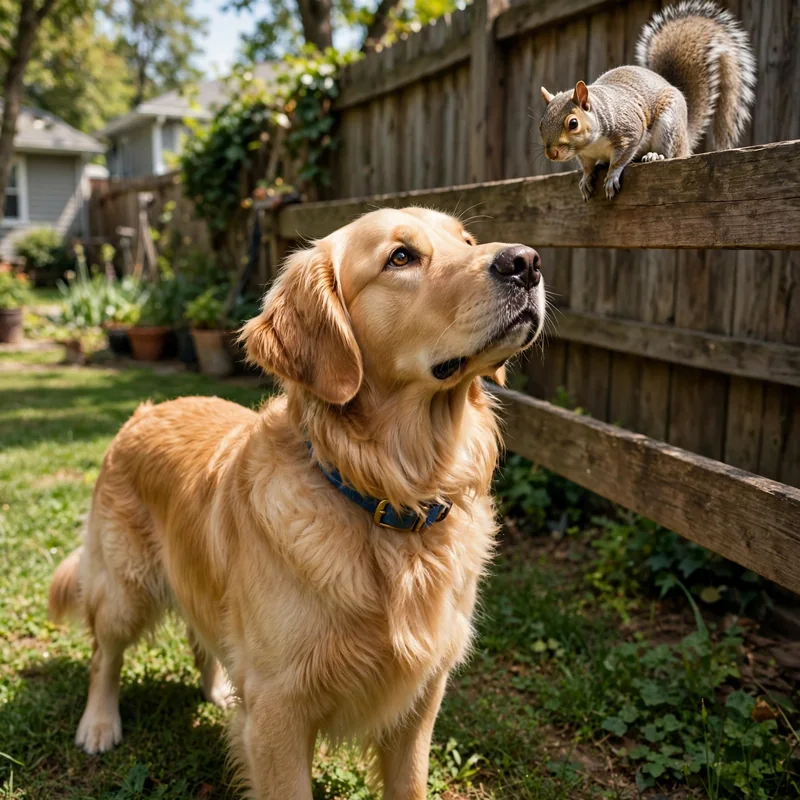 Stop Golden Retriever chasing cats: Golden Retriever alertly watching a squirrel on a wooden fence