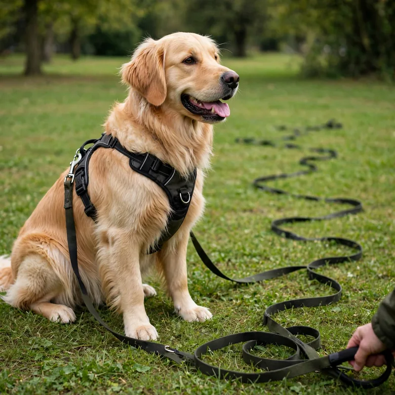 Golden Retriever on a long training line to stop Golden Retriever chasing cats during outdoor training