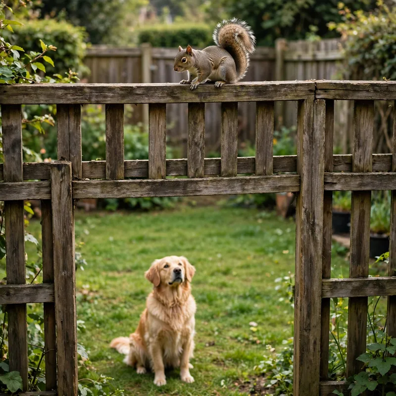 Training to stop Golden Retriever chasing cats: Golden Retriever watching a squirrel perched on a wooden fence