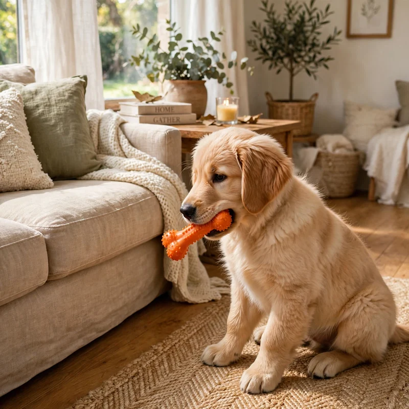 golden retriever chewing furniture