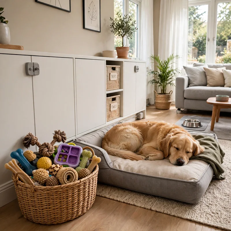 Furniture protected with covers, Golden Retriever resting near its toys
