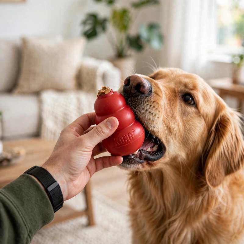 Owner redirecting a Golden Retriever to a chew toy