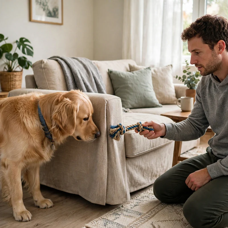 golden retriever chewing furniture