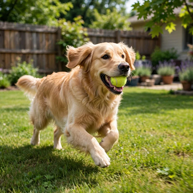 Golden retriever digging up the garden less after exercise: dog running across a backyard with a tennis ball